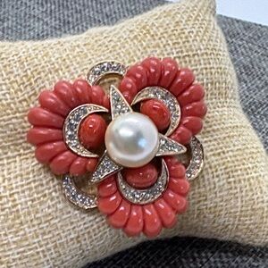 Marvella Coral and Gold Brooch with Pearl Center